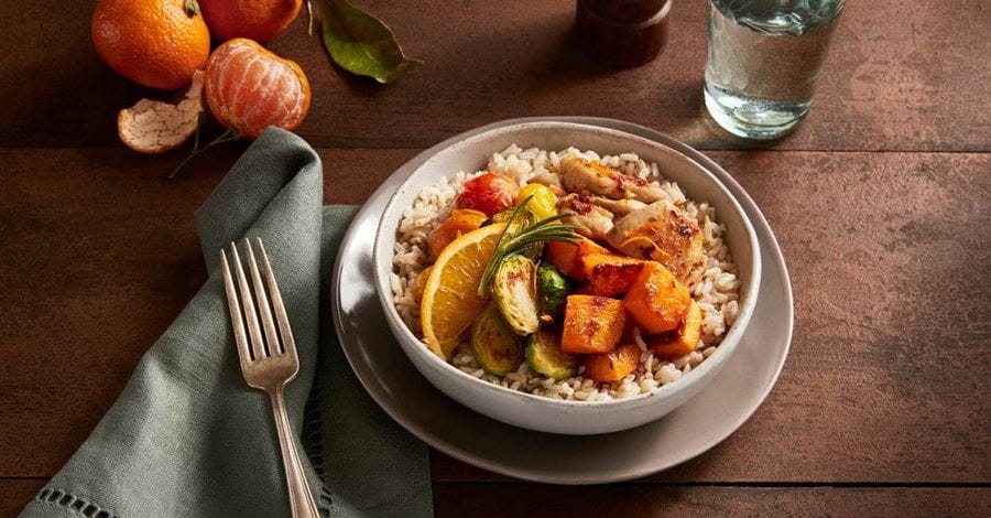 recipe image Rosemary Orange Chicken & Vegetable Brown Rice Bowls