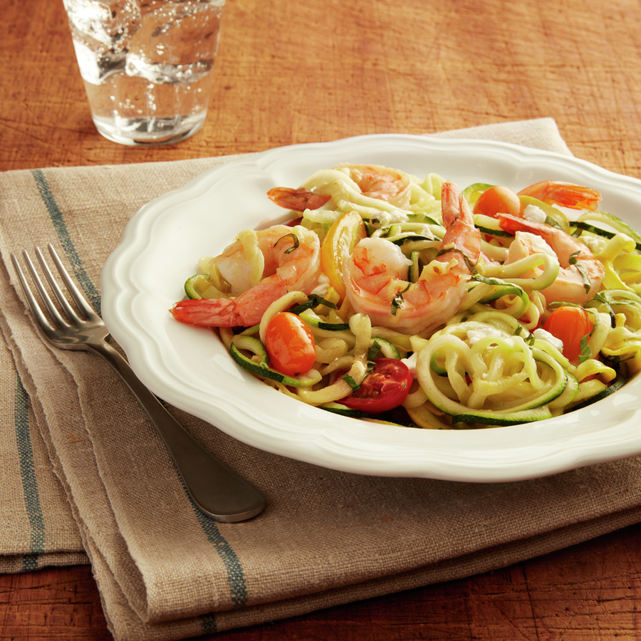 recipe image Zoodles with Shrimp & Heirloom Tomatoes