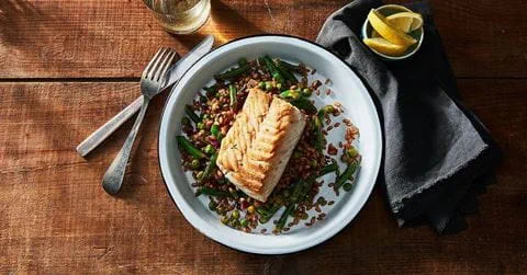 recipe image Cod with Warm Farro & Vegetable Salad